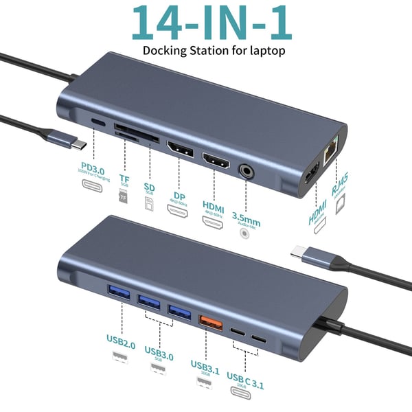 NÖRDIC USB-C 1 til 14 Dokkingstasjon Triple skjermer, 2xHDMI, 1xDP, 1xUSB-C PD 100W, 2xUSB-C, 4xUSB-A, med Ethernet