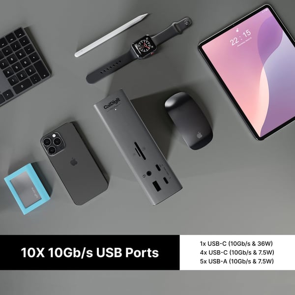 CalDigit TS5 Plus - 20 Porter Thunderbolt 5 Dokkingstasjon, 140W Lading, 3X 80Gb/s Thunderbolt 5, 10x 10Gb/s USB Porter