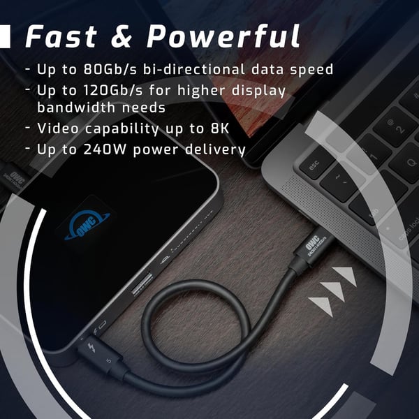 OWC 80cm Thunderbolt 5 Sertifisert USB-C kabel 120G 240W 8K60Hz Kompatibel med Thunderbolt 4, USB4 og USB-C, Svart
