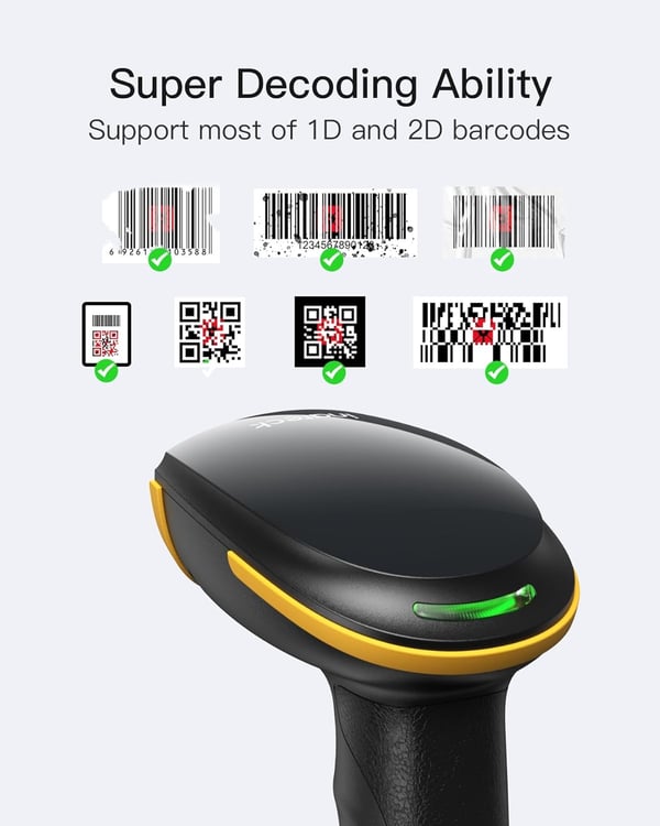 2D QR Strekkodeleser, Trådløs, 2600mAh batteri, Plug and Play