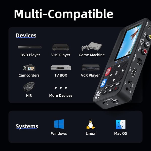 Digital opptaker for opptak fra VHS-bånd, videospiller, DVR, DVD, Hi8, DV-spiller, RCA, CVBS, TV-boks, videokamera, spillkonsoller til USB eller Micro