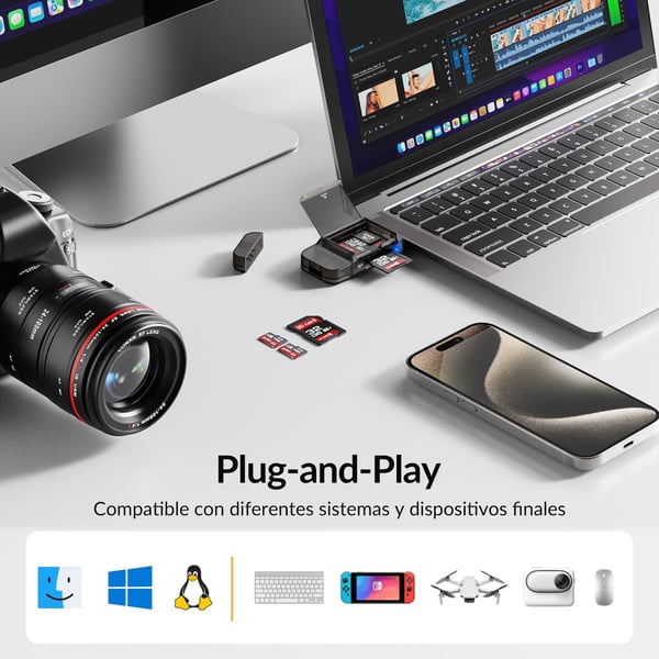 NÖRDIC USB-A, USB-C Kortleser 2 Slot SD, Micro SD og USB-A 3.0 OTG UHS-I med kortoppbevaring