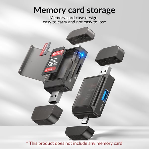 NÖRDIC USB-A, USB-C Kortleser 2 Slot SD, Micro SD og USB-A 3.0 OTG UHS-I med kortoppbevaring
