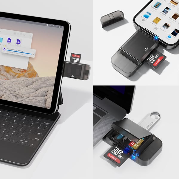 NÖRDIC USB-A, USB-C Kortleser 2 Slot SD, Micro SD og USB-A 3.0 OTG UHS-I med kortoppbevaring