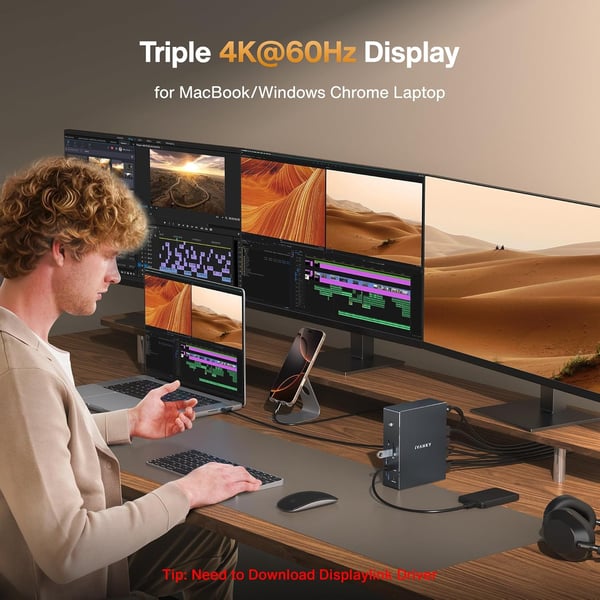 iVANKY 20-i-1 DisplayLink Dockingstasjon Air FusionDock Pro 2, Trippel 4K@60Hz skjermer for M1/M2/M3/M4/M5 MacBook/Windows, 180W, 2.5GbE, HDMI, DP, 1