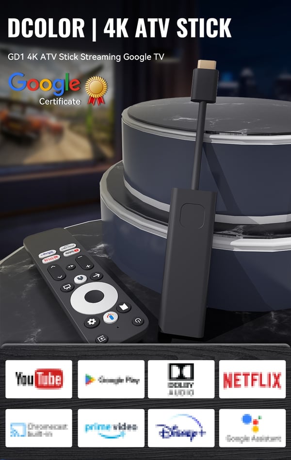 Google-sertifisert TV-stick 4K HDR Android TV 14 WiFi Play Store-støtte for Netflix, YouTube, Disney+