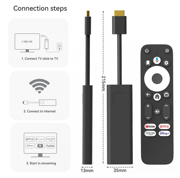 Google-sertifisert TV-stick 4K HDR Android TV 14 WiFi Play Store-støtte for Netflix, YouTube, Disney+