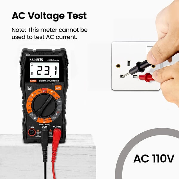 Digitalt multimeter, DC-/AC-voltmeter, ohm-, volt- og amperemåler samt kontinuitets- og diodespenningstester for husholdningsuttak