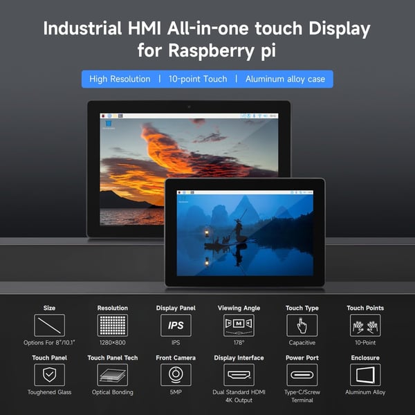 Waveshare industriell HMI alt-i-ett 10,1-tommers berøringsskjerm, kompatibel med Raspberry Pi 4 (inkludert), støtte for dobbel 4K HDMI-utgang