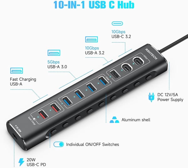 NÖRDIC Powered 10-ports USB-C & A Hub, 3x10G USB-A og USB-C USB3.2 GEN2, 4x5G USB-A USB3.2 GEN1, 1xUSB-C 20W PD, 2xUSB-A lading med individuell bryter