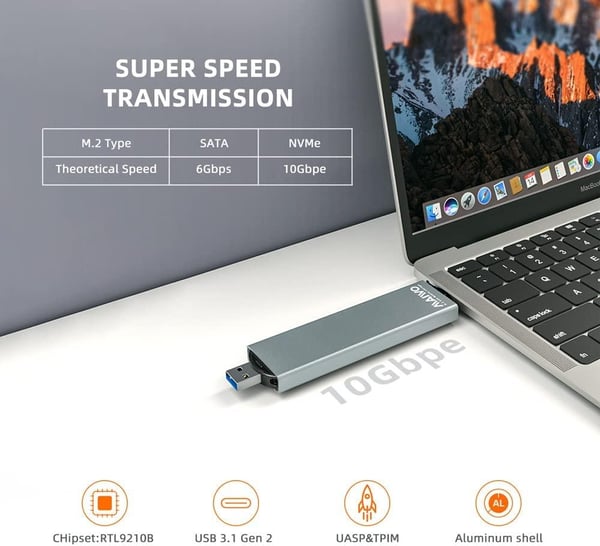 Maiwo K1683P2 Eksternt skap M.2 NVME og SATA SSD til USB A og USB C 10Gbps B-Key og B & M Key Uasp 2280 2260 2242 2230 Aluminimu