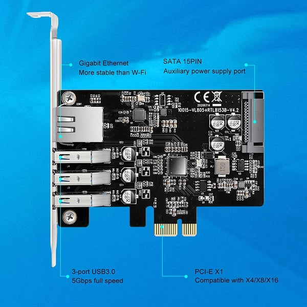 Maiwo KC015 PCI Express X1-kort til 3xUSB3.0 5Gbps og 1x Gigabit Ethernet