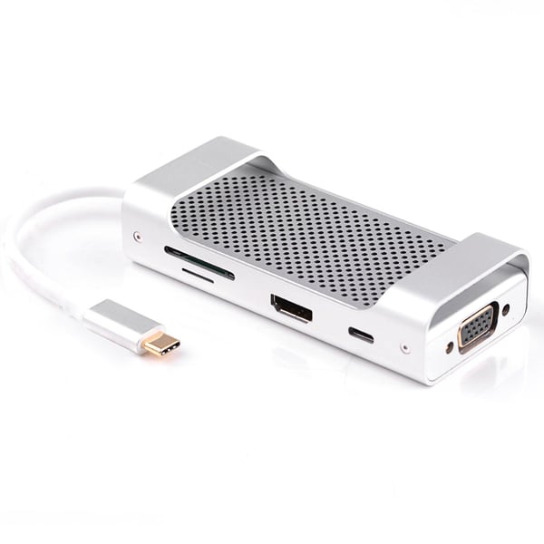 NÖRDIC 1 til 8 USB C Aluminium Docking Station 1xHDMI 4K 30Hz 1xvga 1080p 3xUSB 3.1 5GBP 1X USB C PD87W 1XSD / TF Card Reader Silver
