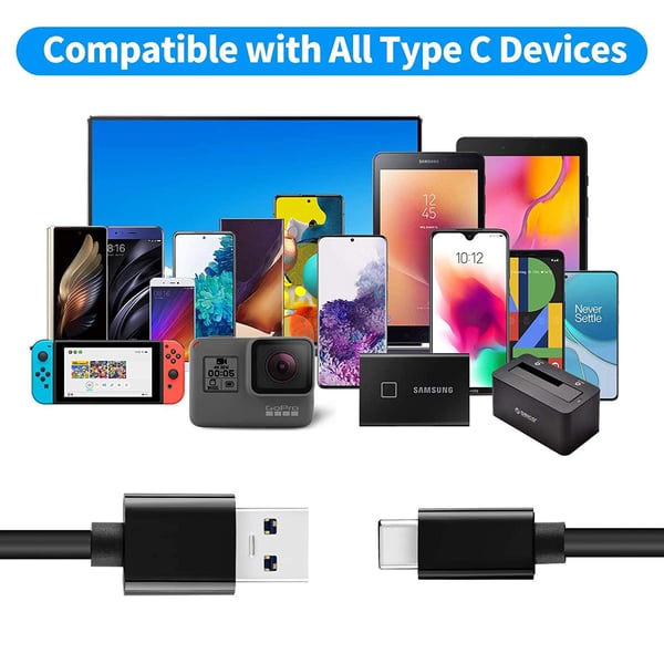NÖRDIC 1M USB C til USB En kabel USB3.1 Gen1 Hurtiglading 60W 5Gbps 3A, Nylon Braided Black