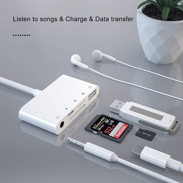 NÖRDIC Lightning Adapter 1 til 5 Ports 1XUSB A 3.1 Port 1x Lightning 1X 3.5 Audio 1xSD og 1XTF-kortleser