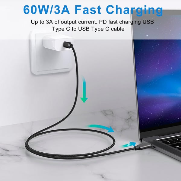 NÖRDIC 1M USB C 3.1 til USB C Nylon Flettet Kabel Hurtiglading 3A Gen1 5Gbps Strømlevering PD 60W
