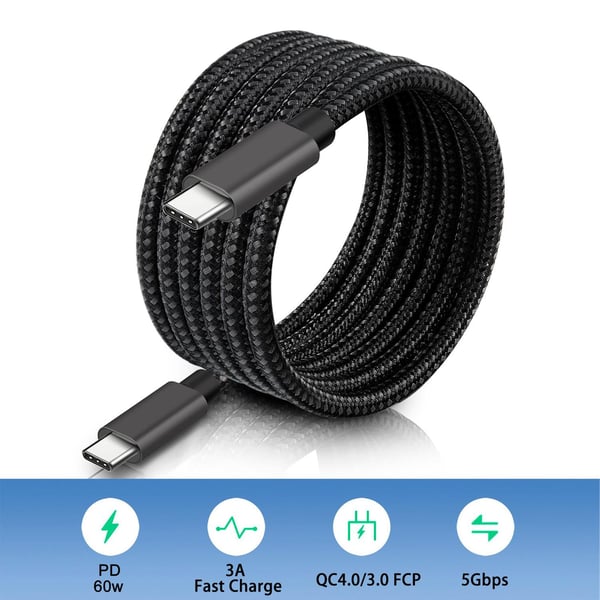 NÖRDIC 1.5M USB C 3.1 til USB C Nylon Flettet Kabel Fast Charge 3A Gen1 5Gbps Strømlevering PD 60W