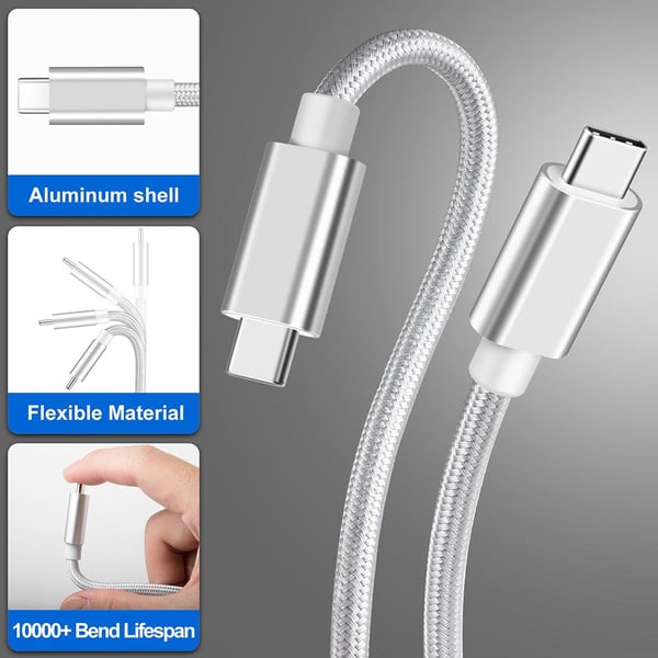 NÖRDIC 1.5m USB C 3.1 til USB C Nylon Flettet Kabel Hurtig Ladning 3A Gen1 5Gbps Strømlevering PD 60W White
