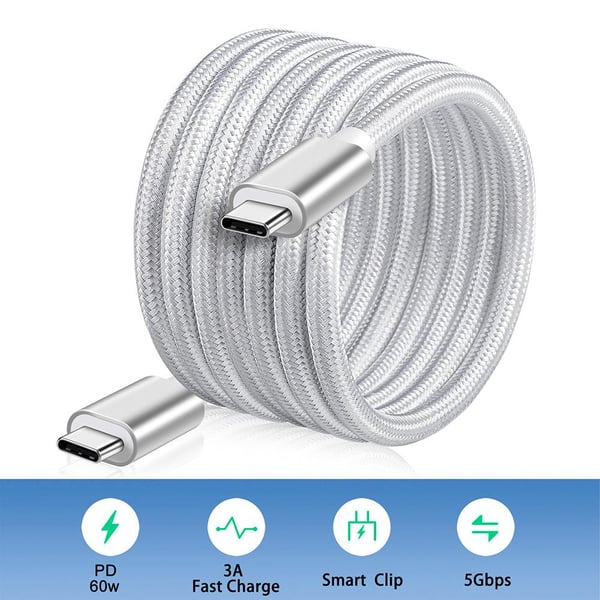 NÖRDIC 50cm USB C 3.1 til USB C Nylon Flettet Kabel Hurtiglading 3A Gen1 5Gbps Strømlevering PD 60W White
