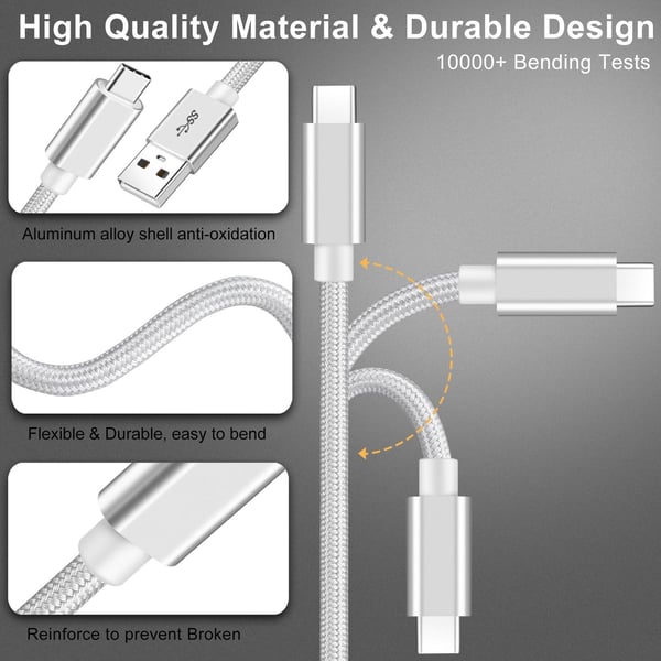 NÖRDIC 1m USB-C til USB-A kabel USB3.1 Gen1 Fast Charge 3A 60W 5Gbps Nylon Flettet Hvit