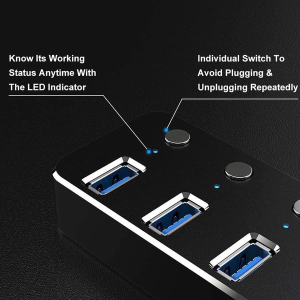 NÖRDIC 4-ports hub USB-C 3.0 5Gbps med individuell bryter 25 cm kabel svart aluminium