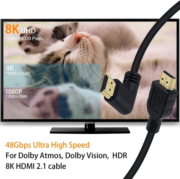 NÖRDIC 3m vinklet HDMI 2.1 UHD 8K 60Hz 4K 120Hz 48Gbps Dynamic HDR eARC Game Mode VRR Dolby ATMOS gullbelagt
