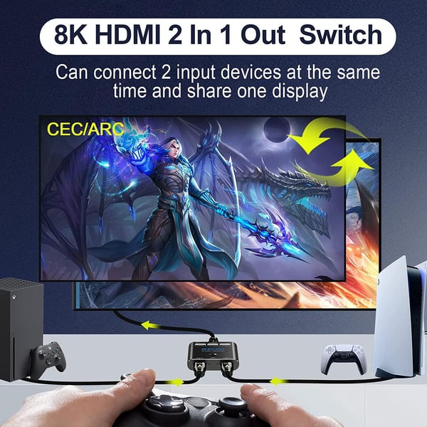 NÖRDIC HDMI 2.1 -svitsj 2 til 1 8K60Hz 4K120Hz 48Gbps HDR HDCP2.3 Surround 7.1 CEC