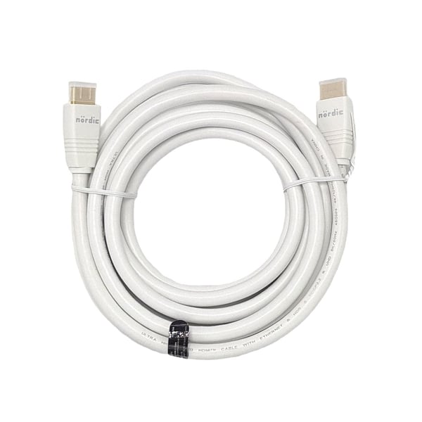 NÖRDIC CERTIFIED CABLES 5m Ultra High Speed HDMI2.1 8K 60Hz 4K 120Hz 144Hz 48Gbps Dynamic HDR eARC Game Mode VRR Dolby ATMOS gullbelagt PVC hvit