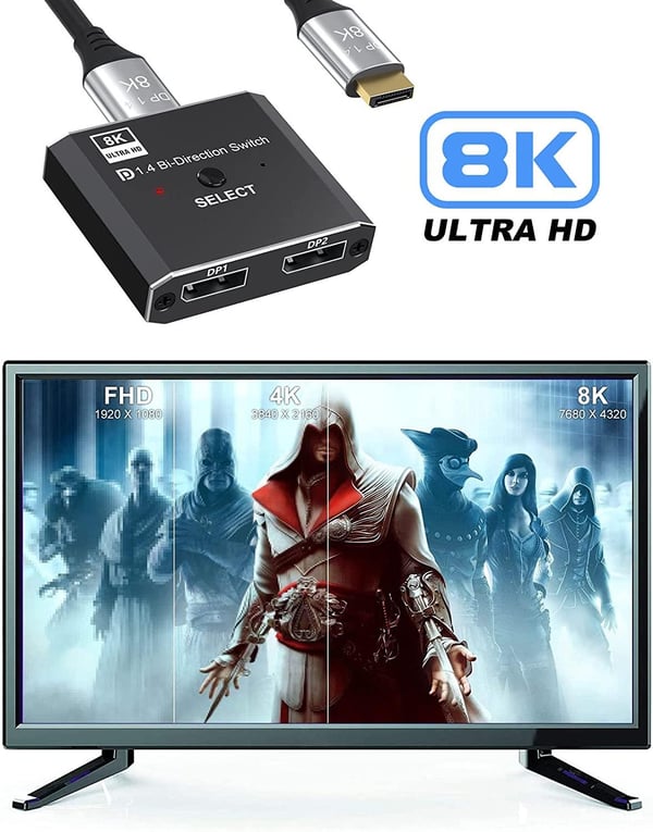 NÖRDIC 8K30Hz Displayport-svitsj 2 til 1 og splitter 1 til 2, 4K120hz