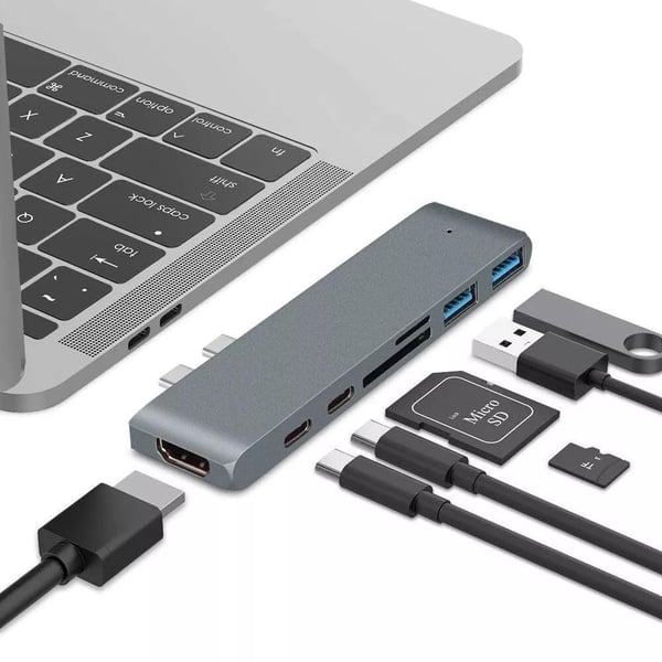 NÖRDIC 2 til 7 USB-C dokkingstasjon for dobbel skjerm for MacBook Pro og Air 1xHDMI 4K30Hz 1xThunderbolt 3xUSB-C 5K60Hz 40G 1xUSB-C 100W PD