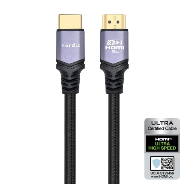 NÖRDIC CERTIFIED CABLES 1,5 m Ultra High Speed ​​​​HDMI 2,1 8K60Hz 4K120Hz 48Gbps Dynaaminen HDR eARC Pelitila VRR Dolby ATMOS Nylon punottu kullattu