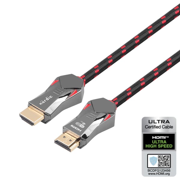 NÖRDIC CERTIFICEREDE KABLER 1,5 m Ultra High Speed ​​​​HDMI 2.1 8K 60Hz 4K 120Hz 48Gbps Dynamic HDR eARC VRR Nylon flettet kabel Guldbelagte stik