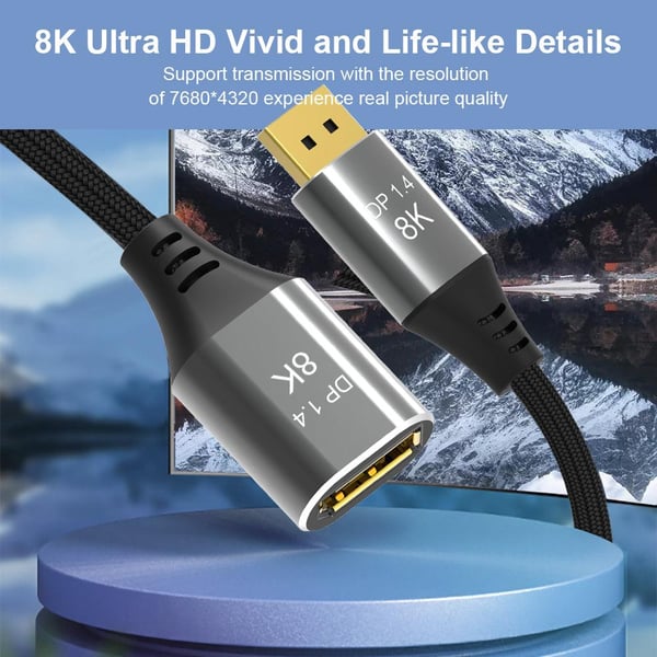 NÖRDIC 2m Displayport 1.4 skjøtekabel UHD 8K60Hz 4K144Hz 32.4Gbps 10-bit HDR dobbeltskjermet