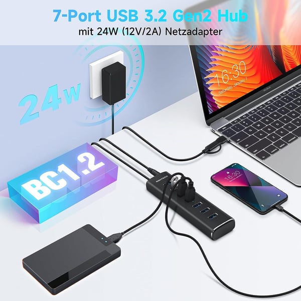 NÖRDIC GEN 3.2 USB-C og USB-A drevet Hub 7ports 7x10Gbps 1m kabel individuell bryter