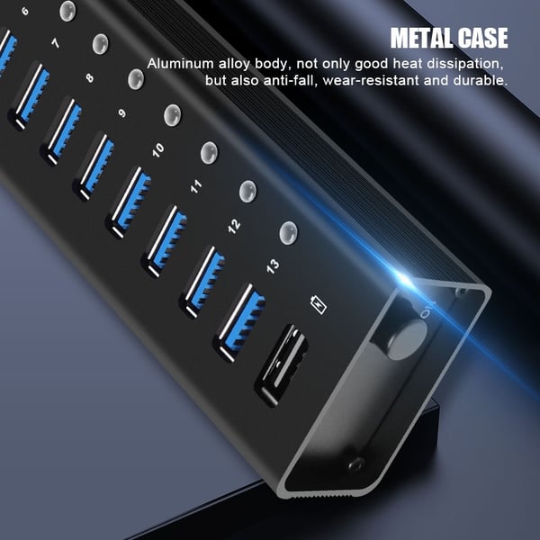 NÖRDIC drevet 14-porters USB 3.0 HUB 5 Gbps 1,2 mm kabel aluminium svart med strømforsyning