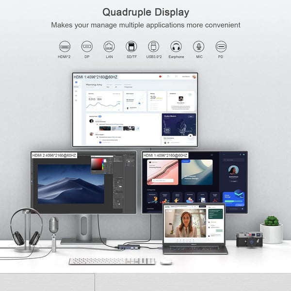 NÖRDIC 1 til 11 USB-C- DisplayLink dokkingstasjon for tre skjermer 2xHDMI 4K60Hz 1xDP4K60Hz DP87W Thunderbolt 3/4