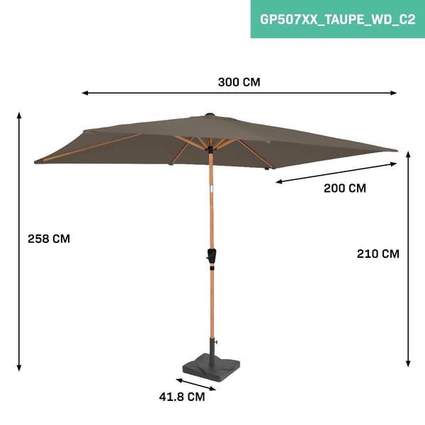 VONROC Premium Stangparasol Rapallo 200x300cm - inkl. □ Betonfod og overtræk - rektanglær | Trælook | Taupe