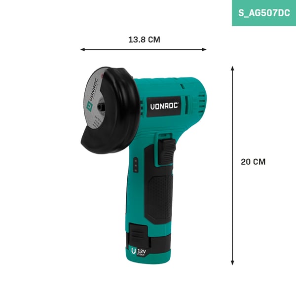 VONROC Akku Vinkelsliber 12V | Mini | 76mm | Batteri - Akku | Inkl. Akku, USB-C-oplader og skæreskive