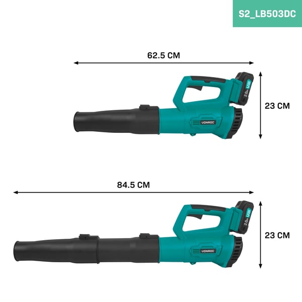 VONROC Løvblæser 20V – Axial design | Luftmængde 7m3/min | Inkl. 2x 2.0Ah akku og oplader