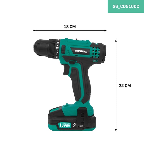 VONROC Bore- / skruemaskine 20V | Inkl. 2x 2.0Ah Akku, Oplader og 46 Tilbehør i Premium Kuffert