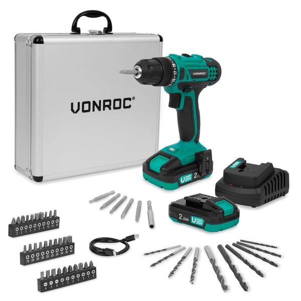VONROC Bore- / skruemaskine 20V | Inkl. 2x 2.0Ah Akku, Oplader og 46 Tilbehør i Premium Kuffert