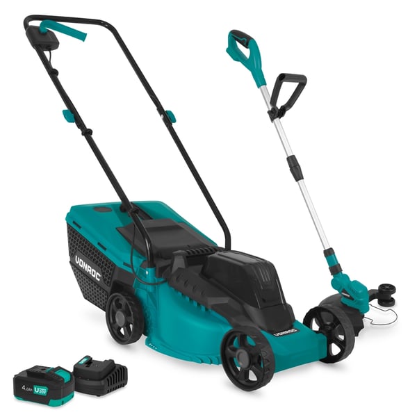 VONROC Sæt Plæneklipper 20V – 32 cm og Græstrimmer | 30L | Drift på én akku! | Inkl. 4.0Ah Akku og oplader