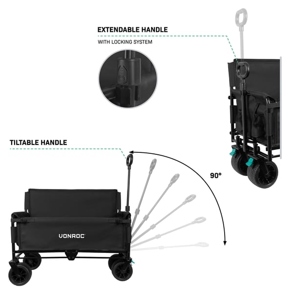 VONROC Trækvogn - Med sidde funktion - Vogn – Foldbar - Kompakt – 120 kg Kapacitet – 115 l | Sort