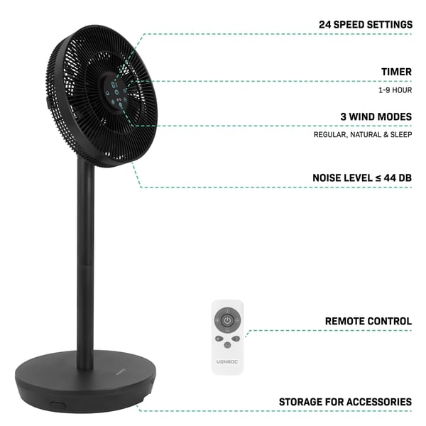 VONROC BREEZE Sladdlös Fläkt – Tyst < 44 dB – 24 hastigheter – 3 vindlägen – Bord- & golvmodell – Touchpanel & fjärrkontroll – Svart