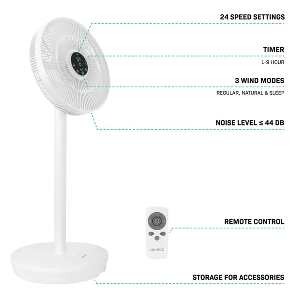 VONROC BREEZE - Ventilator – Trådløs - Støjsvag (< 44 dB) – Hvid | Inkl. Fjernbetjening