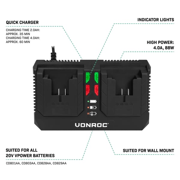 VONROC VPower 20V Startsæt – 2x 4.0Ah Akku & Dobbelt Hurtiglader – Klar til alle VONROC værktøjer