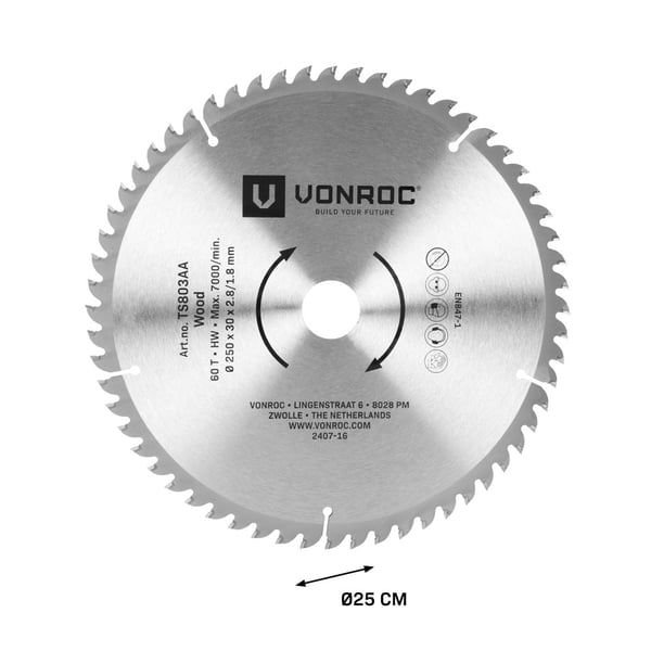 VONROC Klinge 60T – Ø250 x 30 x 2,8/1,8 mm | Til Bordrundsav TS504AC, TS505AC | Universel | Til Træskæring
