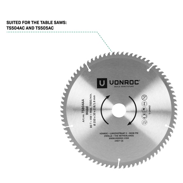 VONROC Klinge 80T – Ø250 x 30 x 2,8/1,8 mm | Til Bordrundsav TS504AC, TS505AC | Universel | Til Træskæring