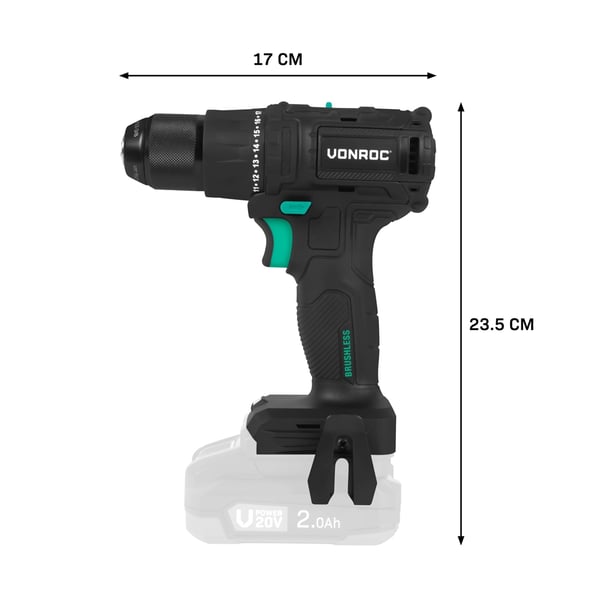 VONROC Boremaskine 20V – PRO | Kompakt & Kraftfuld | Børsteløs Motor | 40Nm Drejningsmoment | 17+1 Indstillinger | Solo | Ekskl. Akku & Oplader