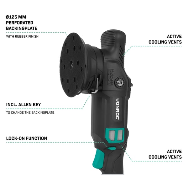 VONROC Polermaskine 20V | PRO | Ø125mm | Dual Action | 7 Hastigheder | Børsteløs Motor | Inkl. 2x 2.0Ah Akku og oplader
